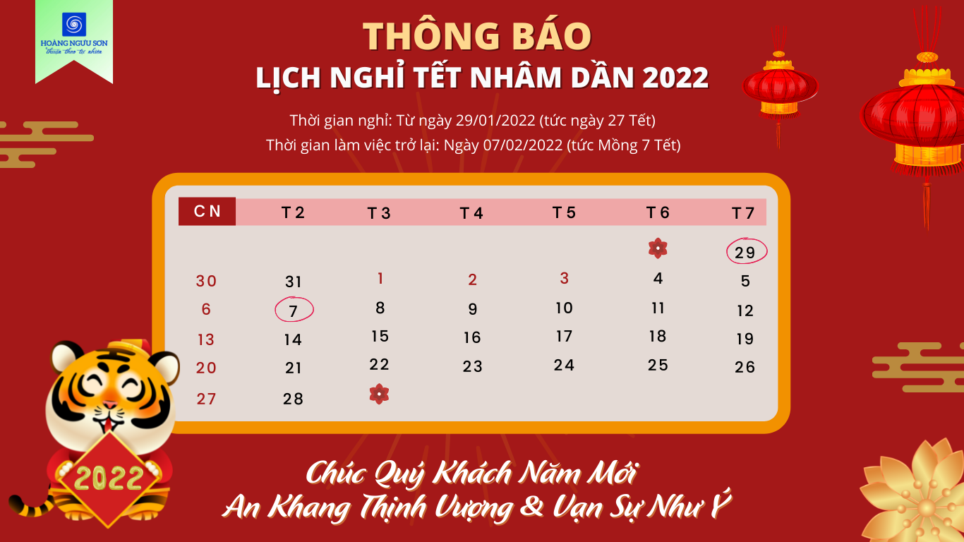 Chế phẩm sinh học Hoàng Ngưu Sơn thông báo lịch nghỉ Tết Nguyên Đán 2022 